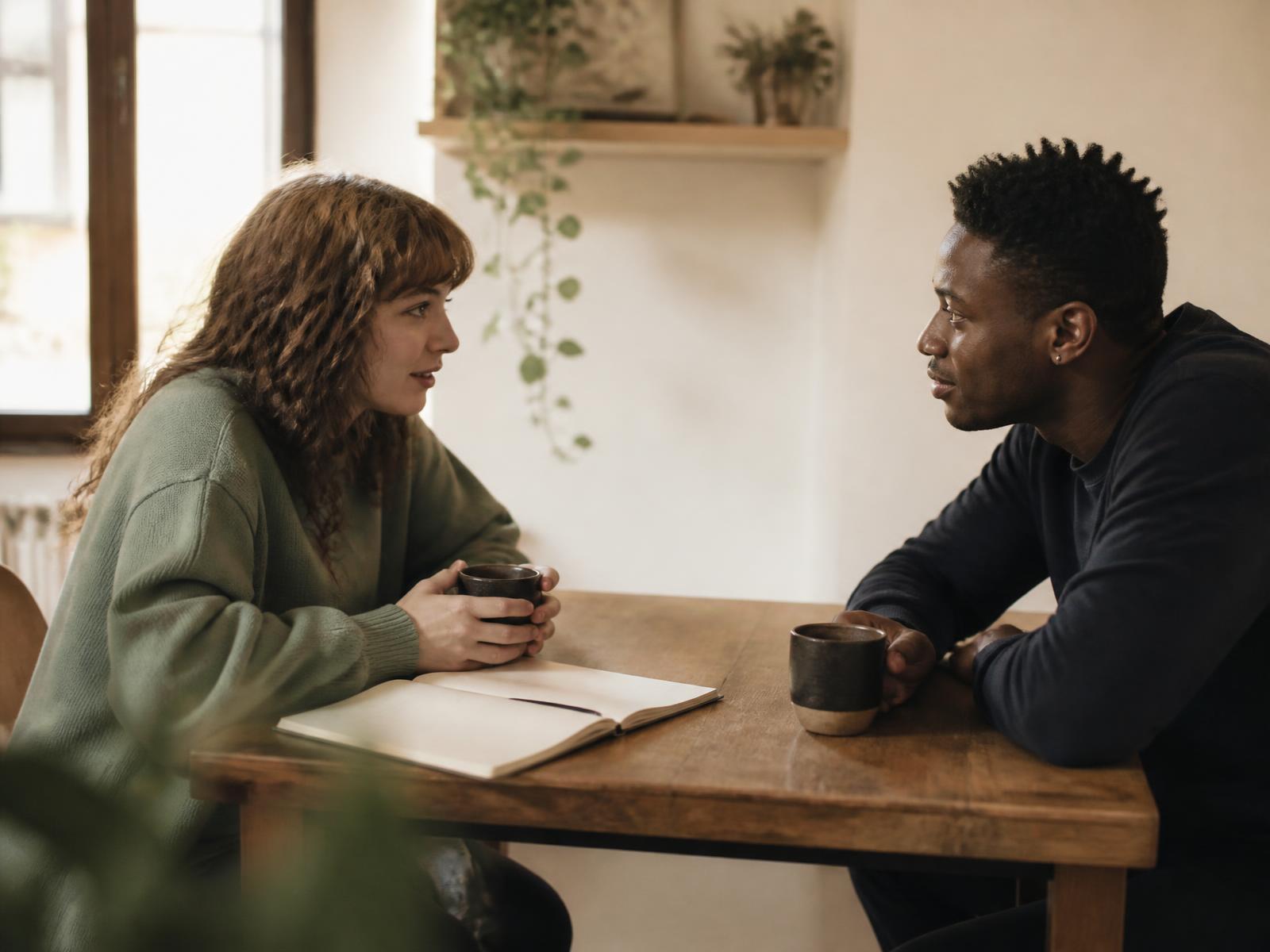 A coach and client talking across a small wooden table with notebooks and mugs